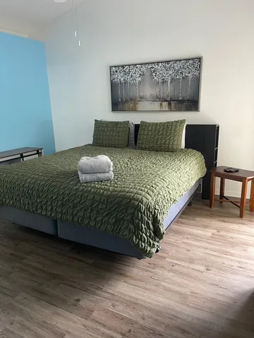 Bedroom with a king bed and green bedding