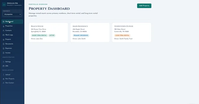 Dwellio property dashboard with three demo properties