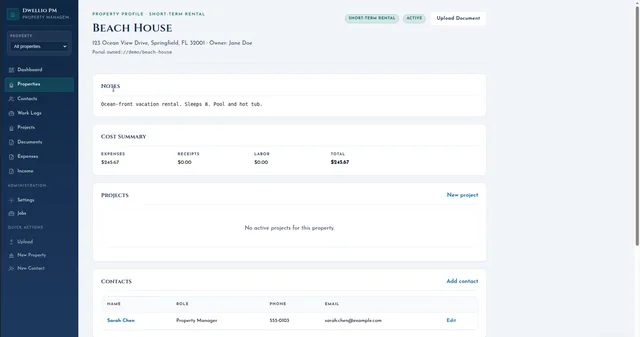 Dwellio property profile with notes, cost summary, projects and contacts